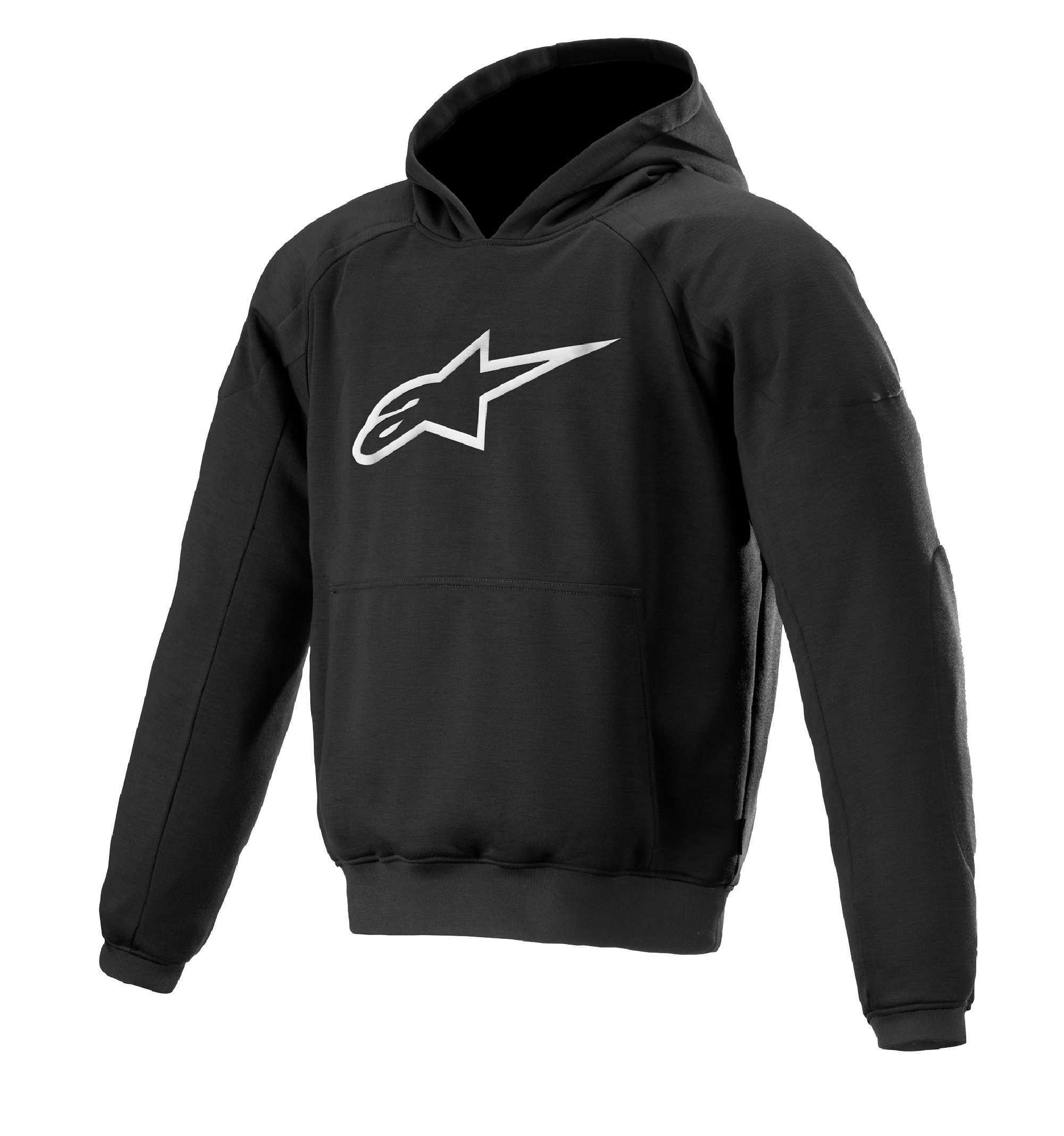 Alpinestars Ageless Hoodie, urban motorcykelhættetrøje til bykørsel, sort med hvidt stjernelogo, pullover-stil med kængurulomme, ribbede manchetter og kant, afslappet motorsport-inspireret design