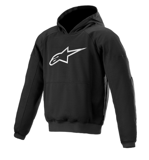 Alpinestars Ageless Hoodie, urban riding motorcycle hoodie, Black with white star logo, pullover style with kangaroo pocket, ribbed cuffs and hem, casual motorsport-inspired design