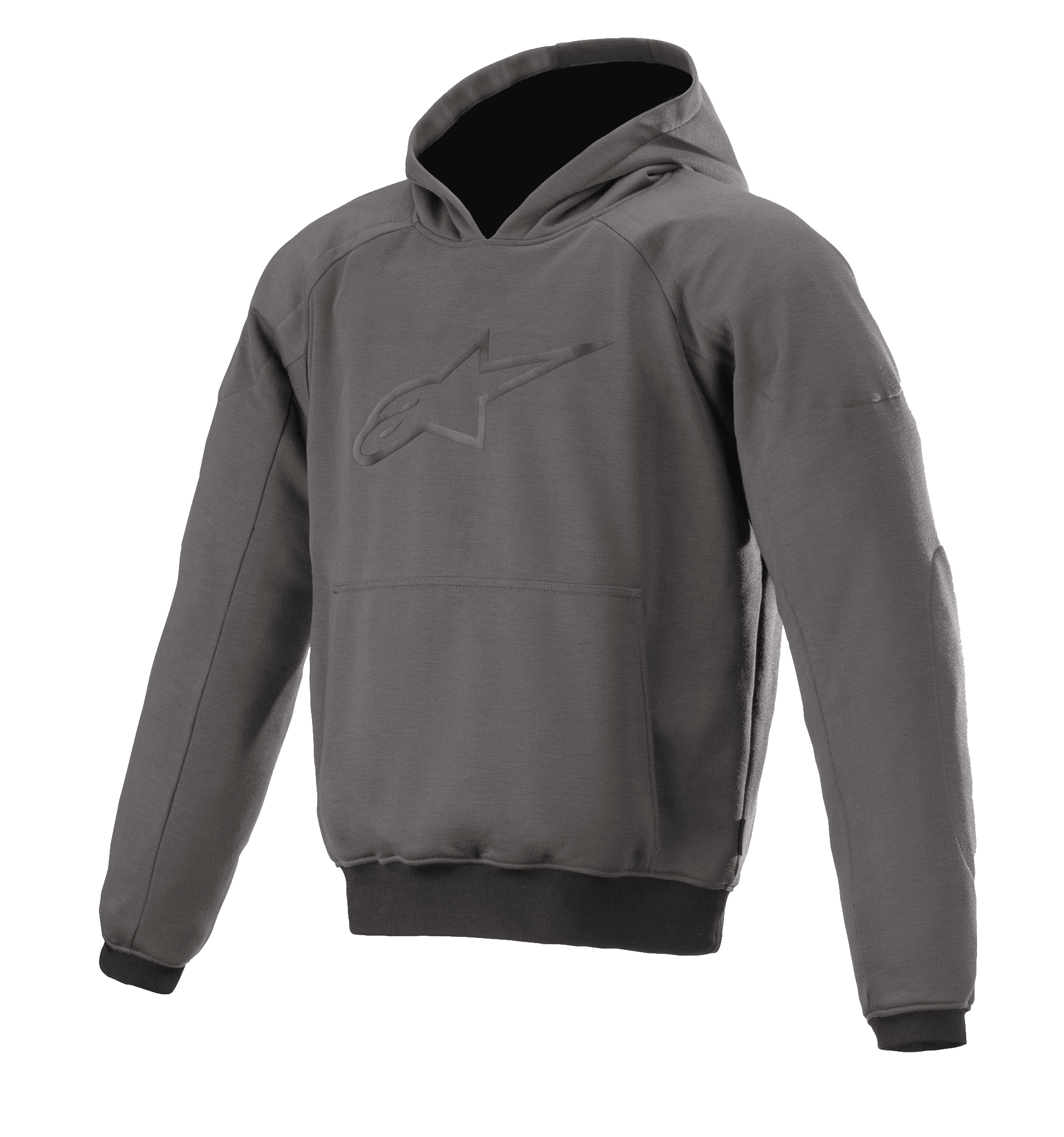 Alpinestars Ageless Hoodie, urban motorcykel-hættetrøje, Asphalt Melange grå med sorte manchetter, præget stjernelogo på brystet, kængurulomme foran, beskyttende, afslappet køreudstyr