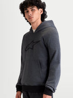 Alpinestars Ageless Hoodie, men's urban motorcycle hoodie jacket in asphalt melange gray, featuring front pouch pocket and fixed hood, worn by a model in an on-bike posture