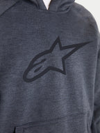 Alpinestars Ageless Hoodie, men's urban motorcycle riding hoodie, asphalt melange gray, close-up view highlighting the front chest with a large tonal Alpinestars logo and kangaroo pocket