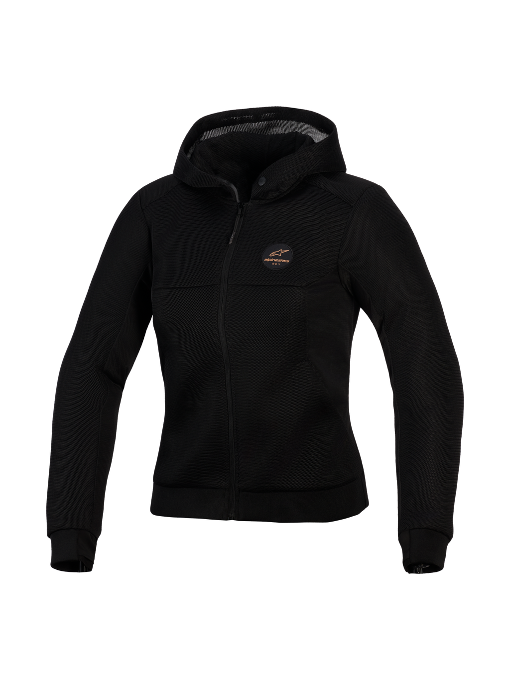 Alpinestars Stella Chrome Superairflow Hoodie, teknisk motorcykelhættetrøje til kvinder, sort, med 3D mesh-konstruktion, logo-patch i kobber på brystet, gennemgående lynlås foran og hætte, designet til maksimal ventilation og urban beskyttelse