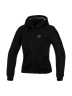 Alpinestars Stella Chrome Superairflow Hoodie, teknisk motorcykelhættetrøje til kvinder, sort, med 3D mesh-konstruktion, logo-patch i kobber på brystet, gennemgående lynlås foran og hætte, designet til maksimal ventilation og urban beskyttelse