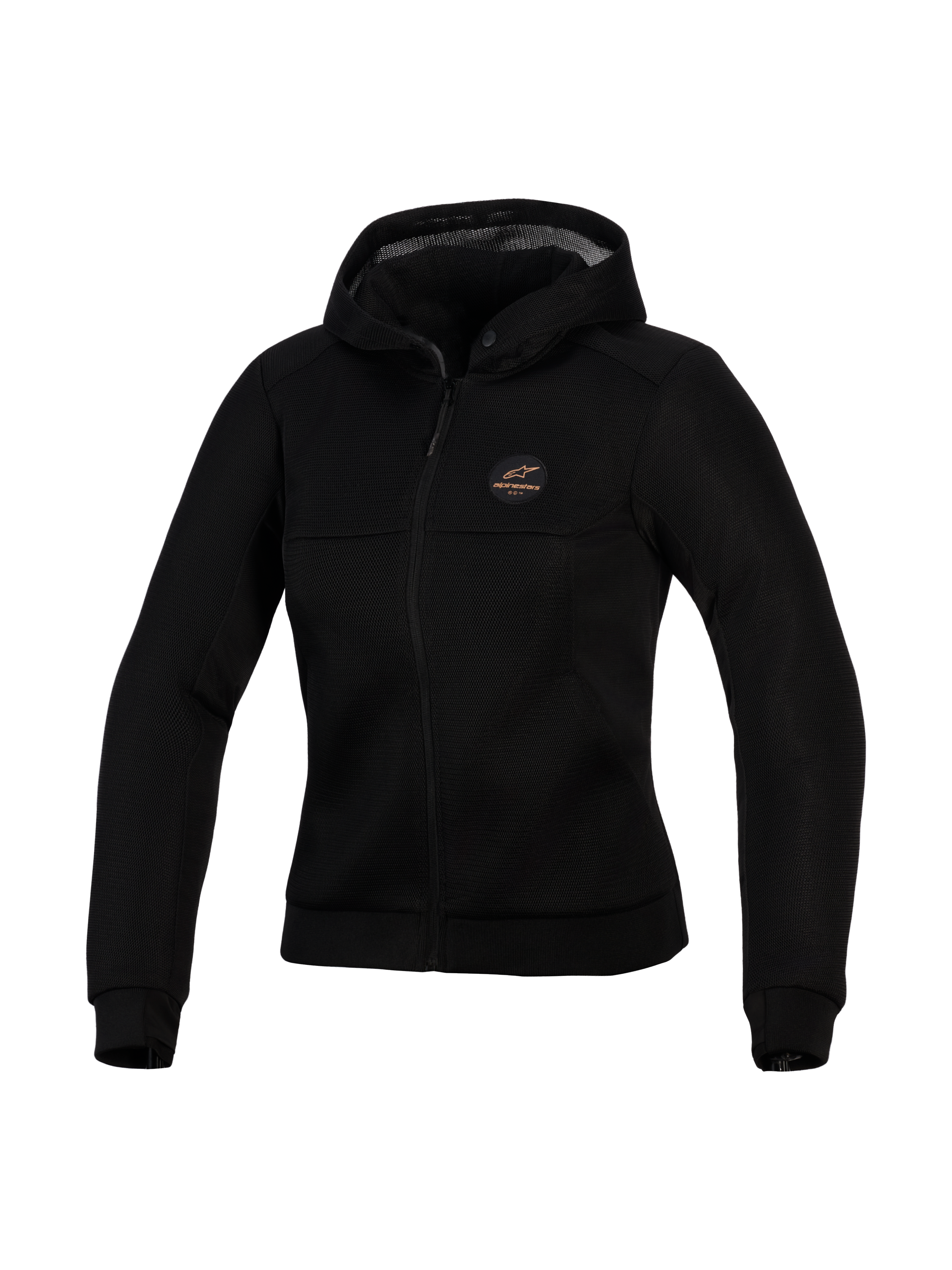 Alpinestars Stella Chrome Superairflow Hoodie, teknisk motorcykelhættetrøje til kvinder, sort, med 3D mesh-konstruktion, logo-patch i kobber på brystet, gennemgående lynlås foran og hætte, designet til maksimal ventilation og urban beskyttelse
