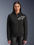Alpinestars Stella Chrome V2 Sport Hoodie til damer, sort motorcykel-hættetrøje med lynlås, hvidt stjerne-logo på brystet, tech fleece-konstruktion, hætte med trykknap i kraven, afslappet urbant performance-udstyr