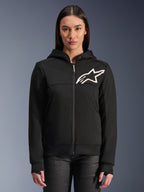 Alpinestars Stella Chrome V2 Sport Hoodie til damer, sort motorcykel-hættetrøje med lynlås, hvidt stjerne-logo på brystet, tech fleece-konstruktion, hætte med trykknap i kraven, afslappet urbant performance-udstyr