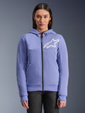 Alpinestars Stella Chrome V2 Sport Hoodie, motorcykel-hættetrøje til damer, blåviolet med hvidt stjerne-logo, gennemgående lynlås foran, hættelukning med trykknapper, teknisk fleece-materiale til bykørsel, afslappet beskyttende motorcykeljakke