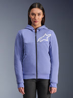 Alpinestars Stella Chrome V2 Sport Hoodie, motorcykel-hættetrøje til damer, blåviolet med hvidt stjerne-logo, gennemgående lynlås foran, hættelukning med trykknapper, teknisk fleece-materiale til bykørsel, afslappet beskyttende motorcykeljakke