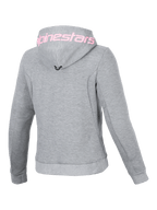 Alpinestars Stella Chrome V2 Sport hættetrøje til damer, grå med pink logo på hætten, teknisk fleece, set bagfra.