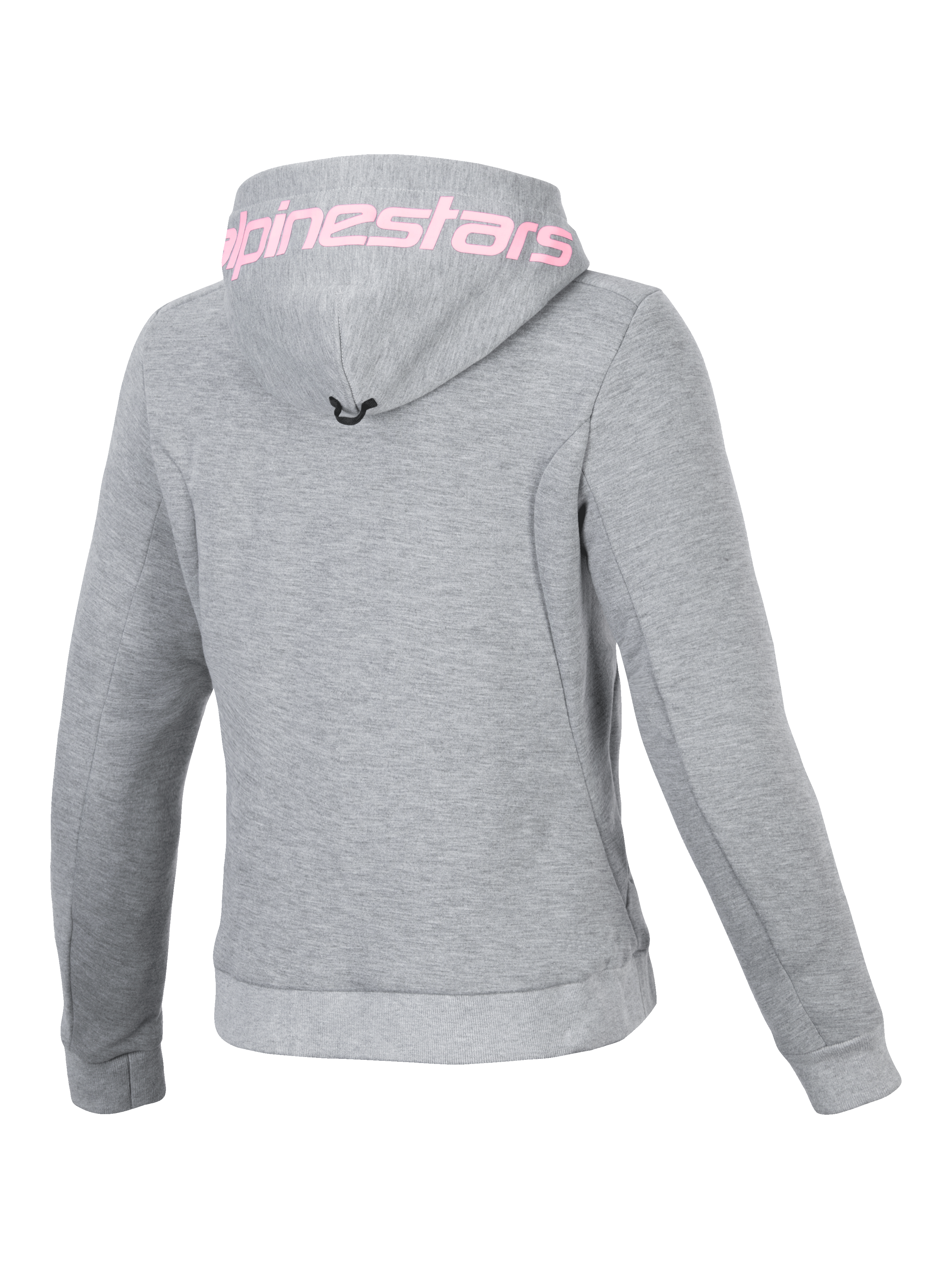 Alpinestars Stella Chrome V2 Sport hættetrøje til damer, grå med pink logo på hætten, teknisk fleece, set bagfra.