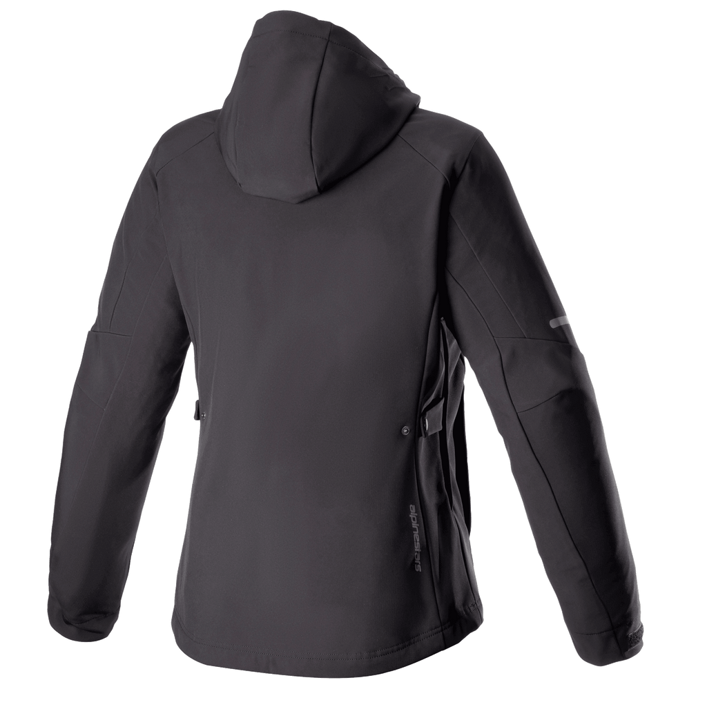 Alpinestars Stella Neo Vandtæt Hættetrøje til damer, set bagfra, Sort Sort, med teknisk softshell-konstruktion, aftagelig hætte, diskret lodret branding på den nederste del af ryggen og en strømlinet kvindespecifik pasform til bykørsel.