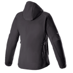 Alpinestars Stella Neo Vandtæt Hættetrøje til damer, set bagfra, Sort Sort, med teknisk softshell-konstruktion, aftagelig hætte, diskret lodret branding på den nederste del af ryggen og en strømlinet kvindespecifik pasform til bykørsel.