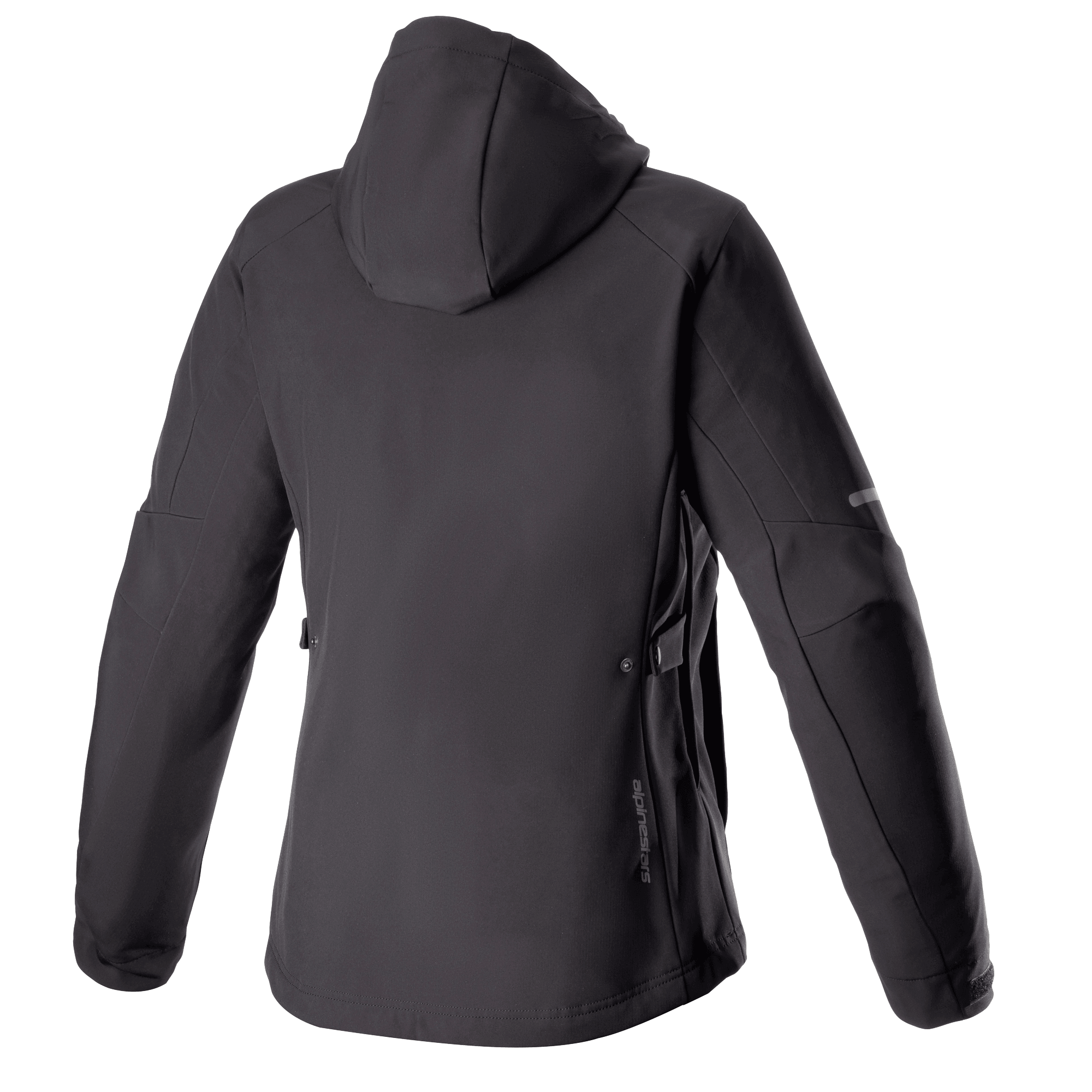 Alpinestars Stella Neo Vandtæt Hættetrøje til damer, set bagfra, Sort Sort, med teknisk softshell-konstruktion, aftagelig hætte, diskret lodret branding på den nederste del af ryggen og en strømlinet kvindespecifik pasform til bykørsel.
