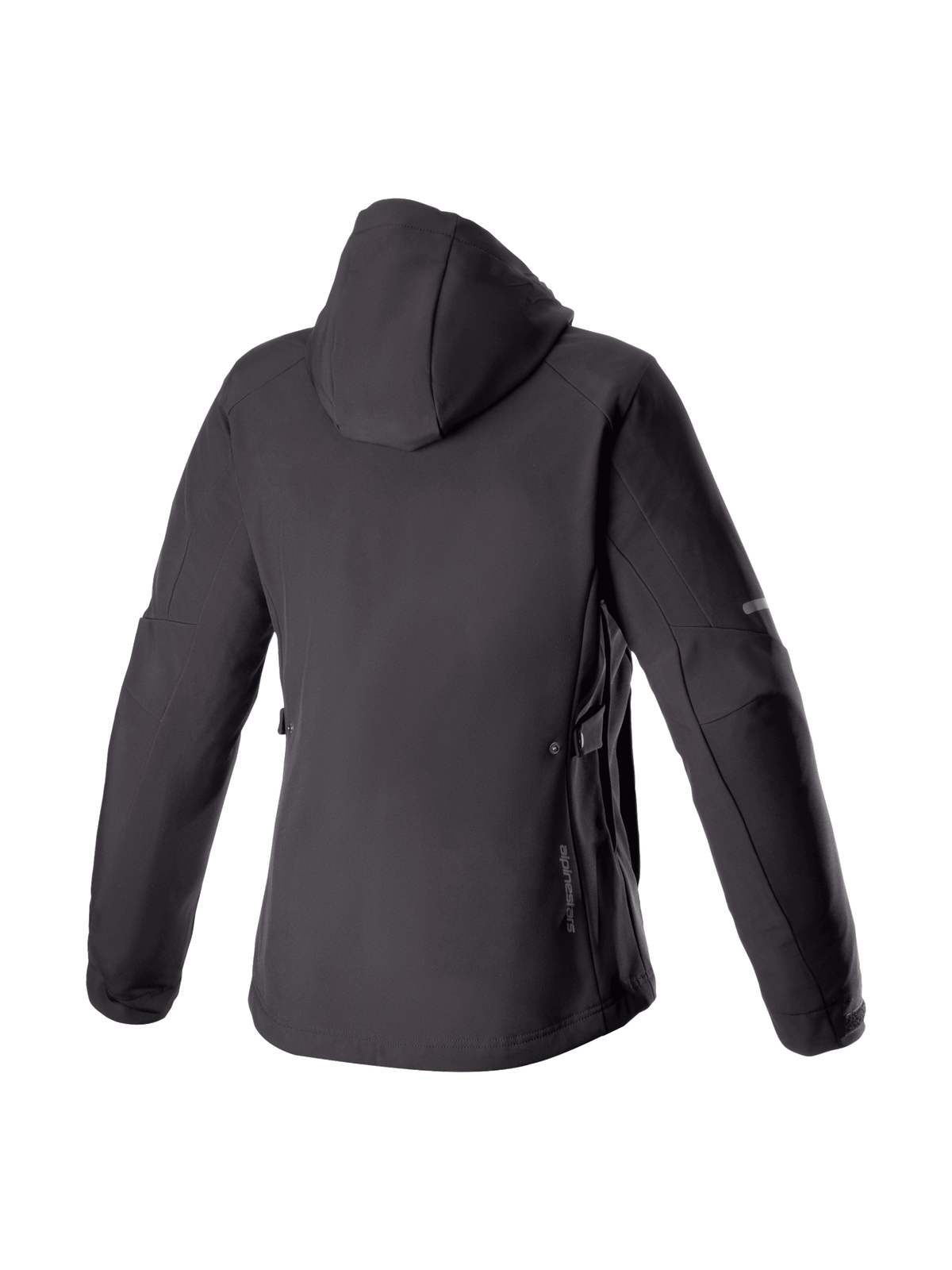 Alpinestars Stella Neo vandtæt hættetrøje, sort urban dame-motorcykeljakke i strækbar softshell, set bagfra med hætte