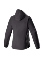 Alpinestars Stella Neo vandtæt hættetrøje, sort urban dame-motorcykeljakke i strækbar softshell, set bagfra med hætte
