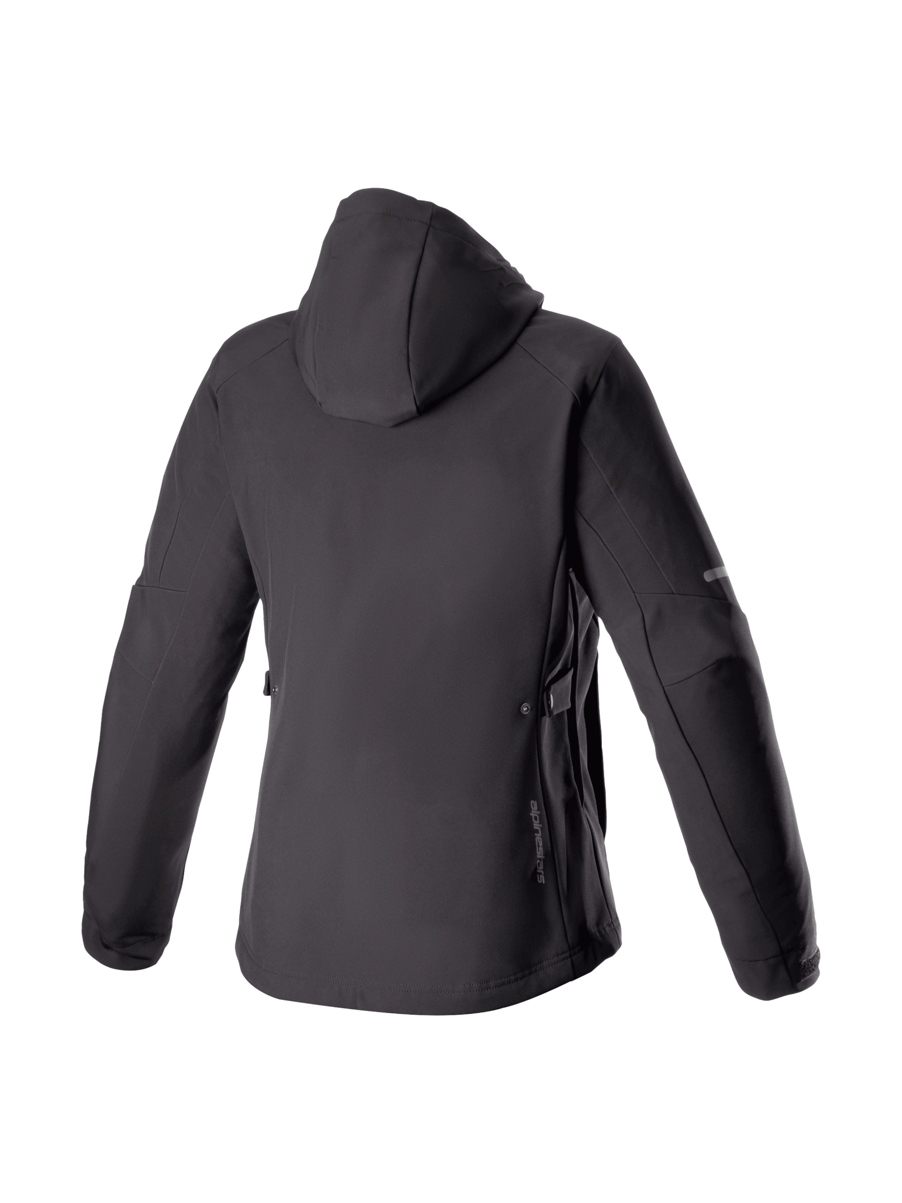 Alpinestars Stella Neo vandtæt hættetrøje, sort urban dame-motorcykeljakke i strækbar softshell, set bagfra med hætte