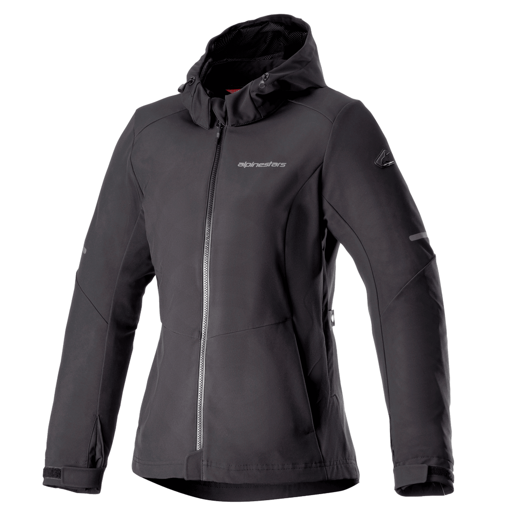 Alpinestars Stella Neo vandtæt hættetrøje, dame motorcykeljakke, sort, design med hætte og central lynlås foran, justerbare manchetter, teknisk softshell-materiale, skræddersyet damepasform med logo på brystet