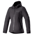 Alpinestars Stella Neo vandtæt hættetrøje, dame motorcykeljakke, sort, design med hætte og central lynlås foran, justerbare manchetter, teknisk softshell-materiale, skræddersyet damepasform med logo på brystet