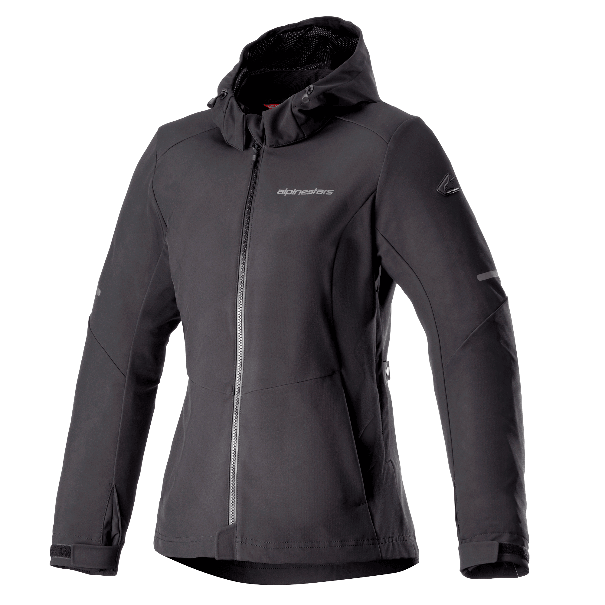Alpinestars Stella Neo vandtæt hættetrøje, dame motorcykeljakke, sort, design med hætte og central lynlås foran, justerbare manchetter, teknisk softshell-materiale, skræddersyet damepasform med logo på brystet
