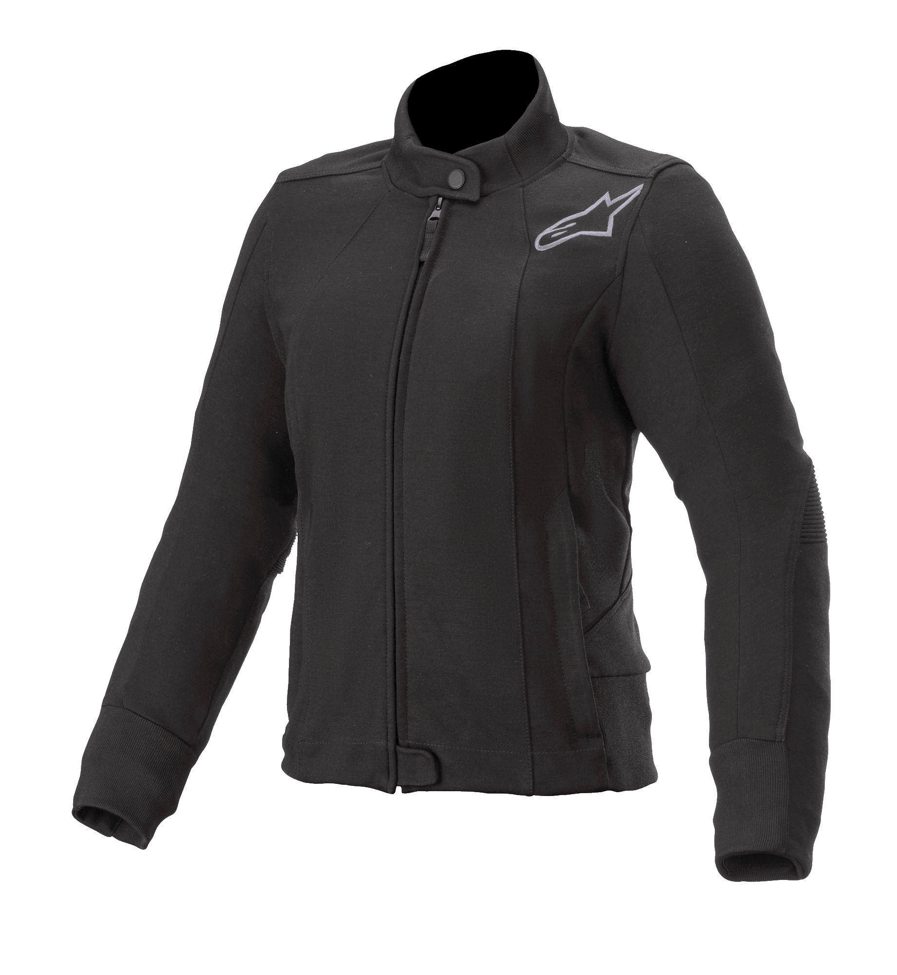 Alpinestars Women's Banshee Fleece, Black Motorcycle Jacket, High Collar with Snap Button and Front Zipper, Grey Embroidered Astars Logo on Chest, Ribbed Cuffs and Hem, Fitted Urban Riding Design