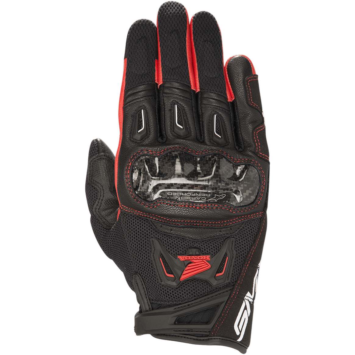 Alpinestars Honda SMX-2 Air Carbon V2 Gloves, Motorcycle Sport Gloves, Black and Red, featuring a carbon fiber knuckle guard, 3D mesh and leather shell, red Honda wing logo and stitching, short cuff design for performance street riding.