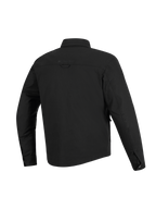 Alpinestars Bryon Water Resistant Overshirt, Black, Back view, featuring durable waxed canvas construction, horizontal shoulder yoke, back hanging loop, and a slightly longer back for motorcycle riding coverage.