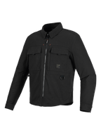 Alpinestars Bryon Water Resistant Overshirt, Black Motorcycle Jacket, three-quarter front view, workwear-inspired design featuring chest cargo pockets, metal D-ring, and front zipper, durable waxed canvas texture.
