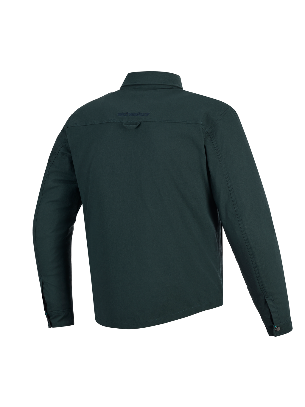 Alpinestars Bryon vandafvisende overshirt, Dark Emerald, set bagfra, vandafvisende motorcykeljakke i vokset lærred, med broderet logo på øverste del af ryggen, bagløkke til ophængning og længere rygprofil for dækning