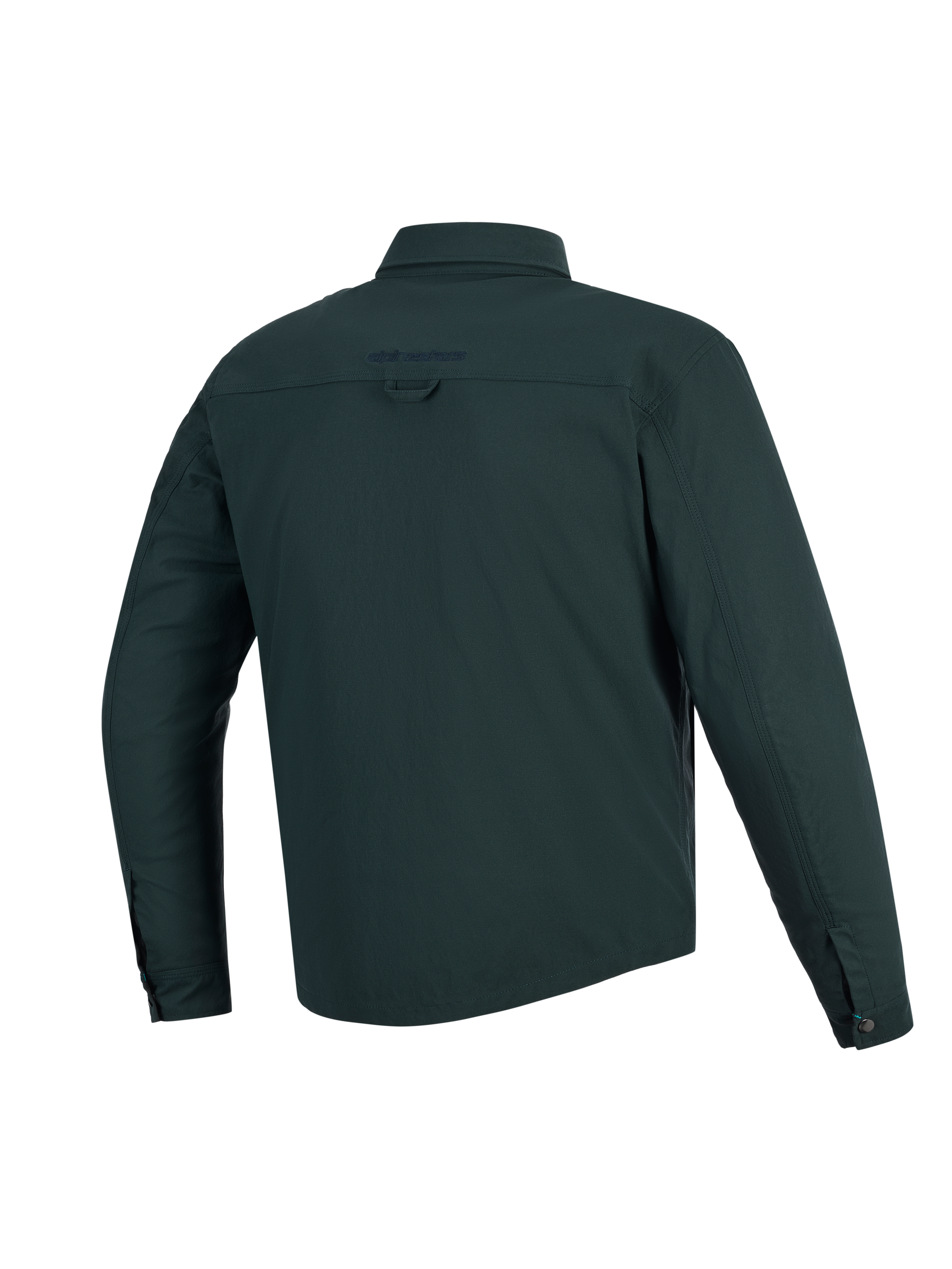 Alpinestars Bryon vandafvisende overshirt, Dark Emerald, set bagfra, vandafvisende motorcykeljakke i vokset lærred, med broderet logo på øverste del af ryggen, bagløkke til ophængning og længere rygprofil for dækning