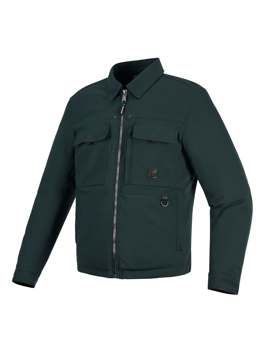 Alpinestars Bryon vandafvisende overshirt, motorcykeljakke, mørk smaragdgrøn, arbejdstøjsinspireret design med vokset lærred, to bryst-cargolommer, metal D-ring og gennemgående lynlås foran.
