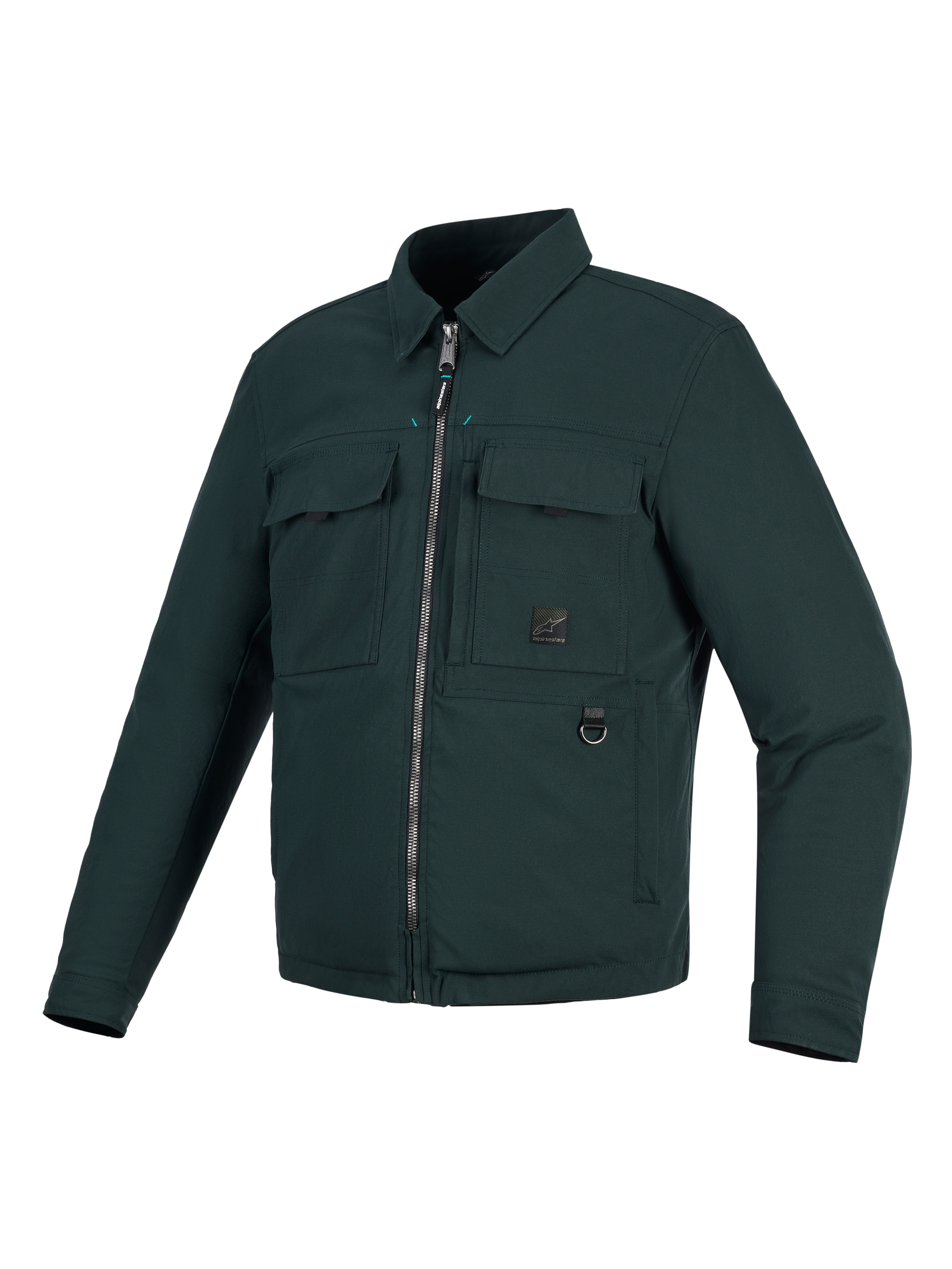 Alpinestars Bryon vandafvisende overshirt, motorcykeljakke, mørk smaragdgrøn, arbejdstøjsinspireret design med vokset lærred, to bryst-cargolommer, metal D-ring og gennemgående lynlås foran.