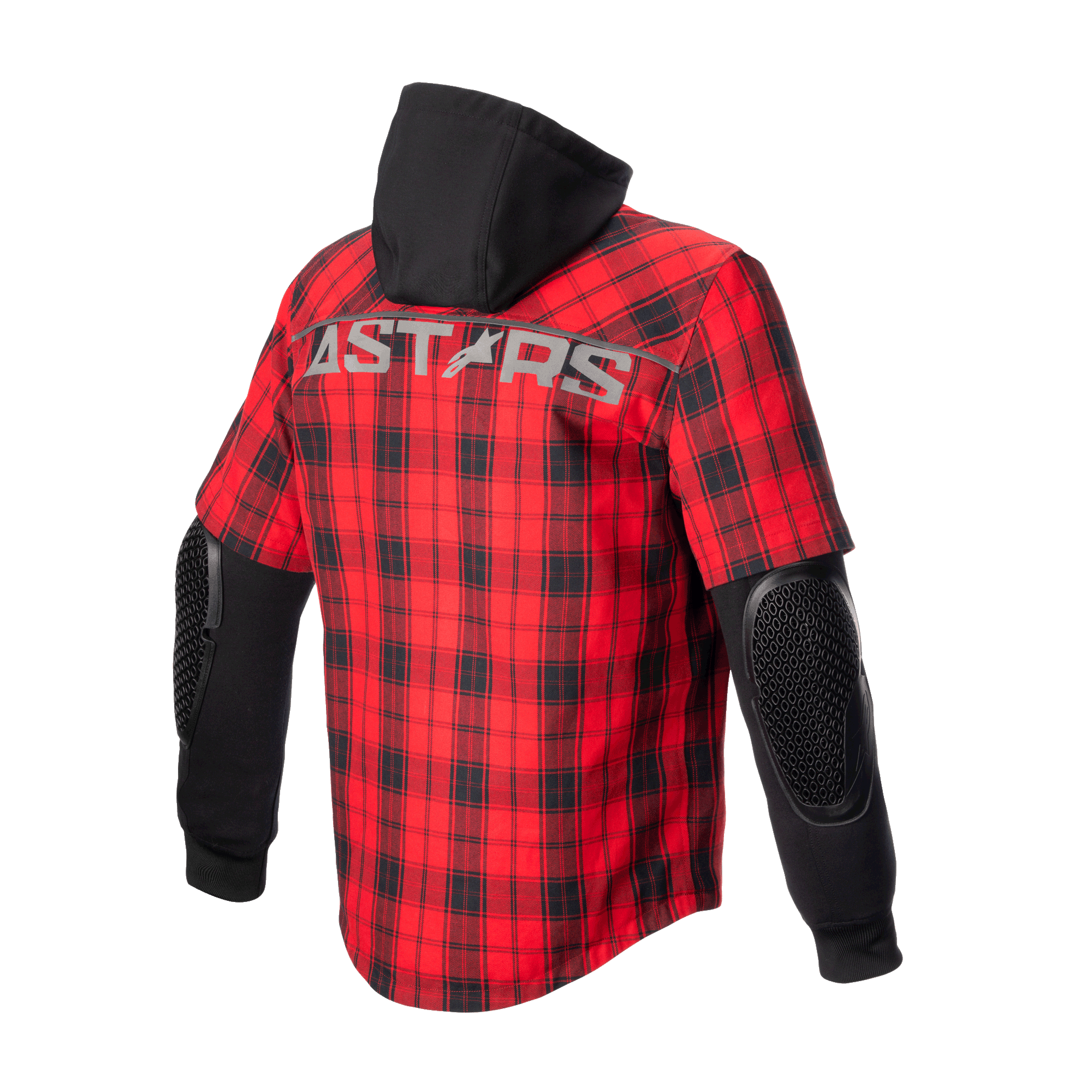 Alpinestars MO.ST.EQ Tartan skjorte, motorcykel-skjortejakke, Flame Red og sort, set bagfra med rødt ternet mønster, sort hætte, lange sorte ærmer med synlig bikubemønstret albuebeskyttelse og ASTARS-branding over skuldrene
