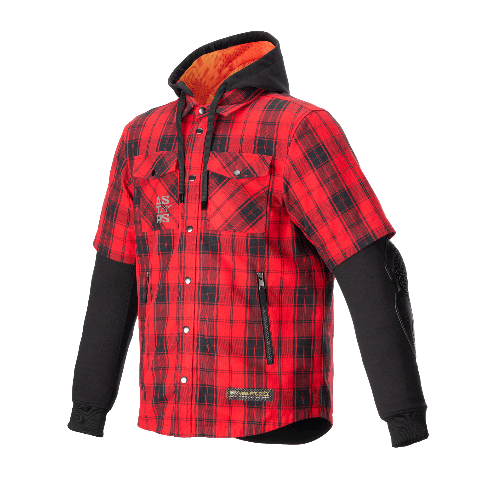 Alpinestars MO.ST.EQ Tartan-skjorte, rød og sort ternet motorcykelskjorte, hybrid-design med korte yderærmer og lange sorte inderærmer, sort hætte med orange mesh-for, front med trykknapper og håndlommer med lynlås, urbant streetwear-beskyttelsesudstyr til kørsel
