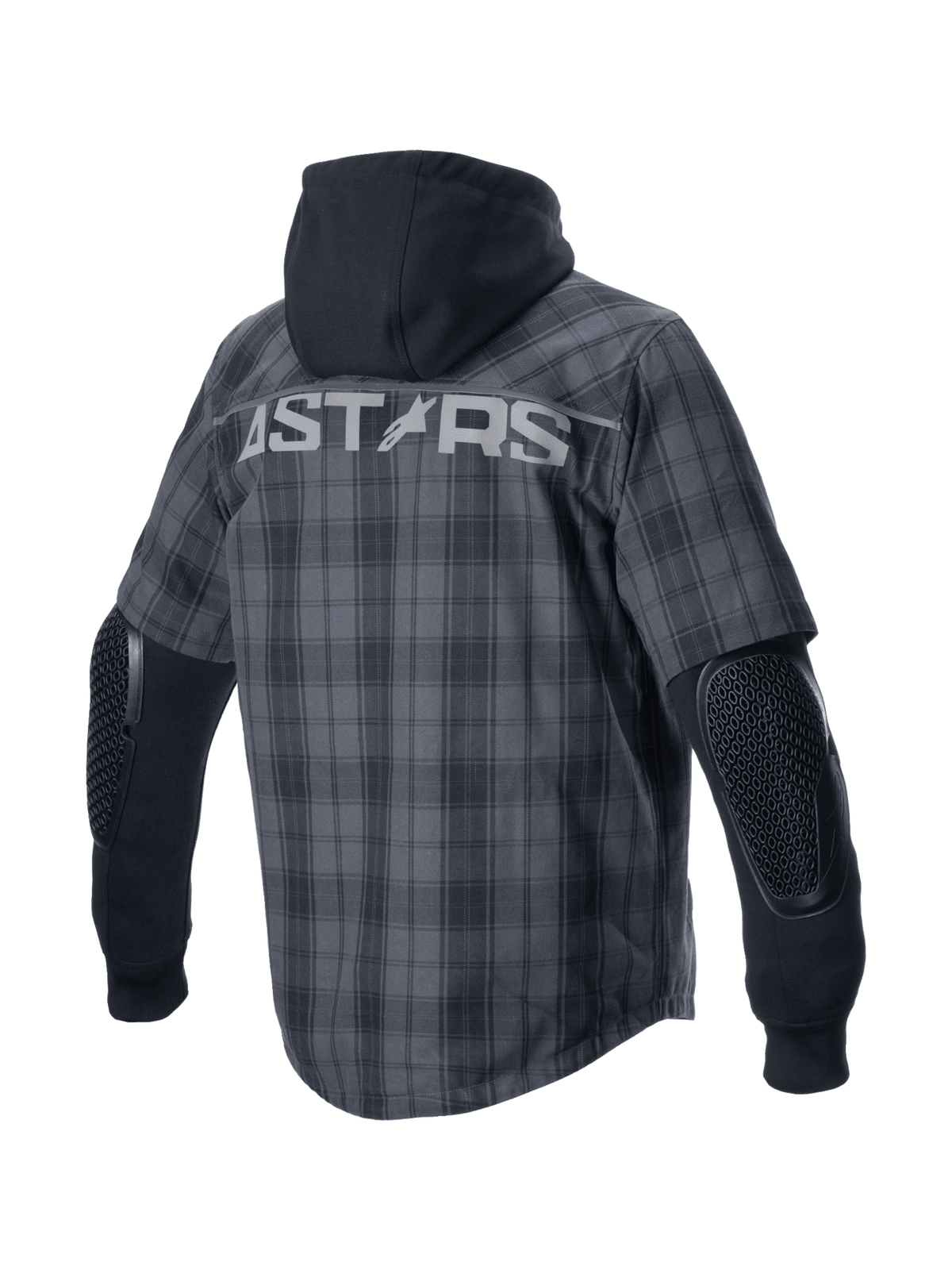 Alpinestars MO.ST.EQ Tartan Skjorte, grå og sort urban motorcykelskjorte med synlig albuebeskyttelse og fast hætte.