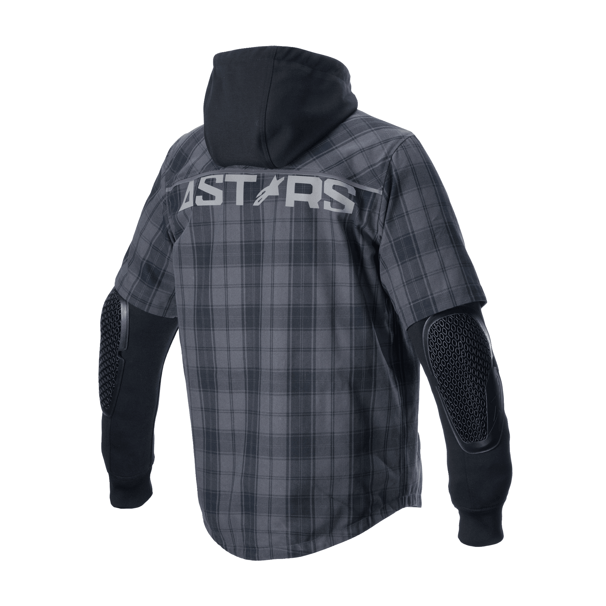Alpinestars MO.ST.EQ Tartan skjorte, urban motorcykeljakke, Tar Gray Black, set bagfra med 'ASTARS'-branding over skuldrene, en fast sort hætte og synlig honeycomb-albuebeskyttelse på lange sorte ærmer