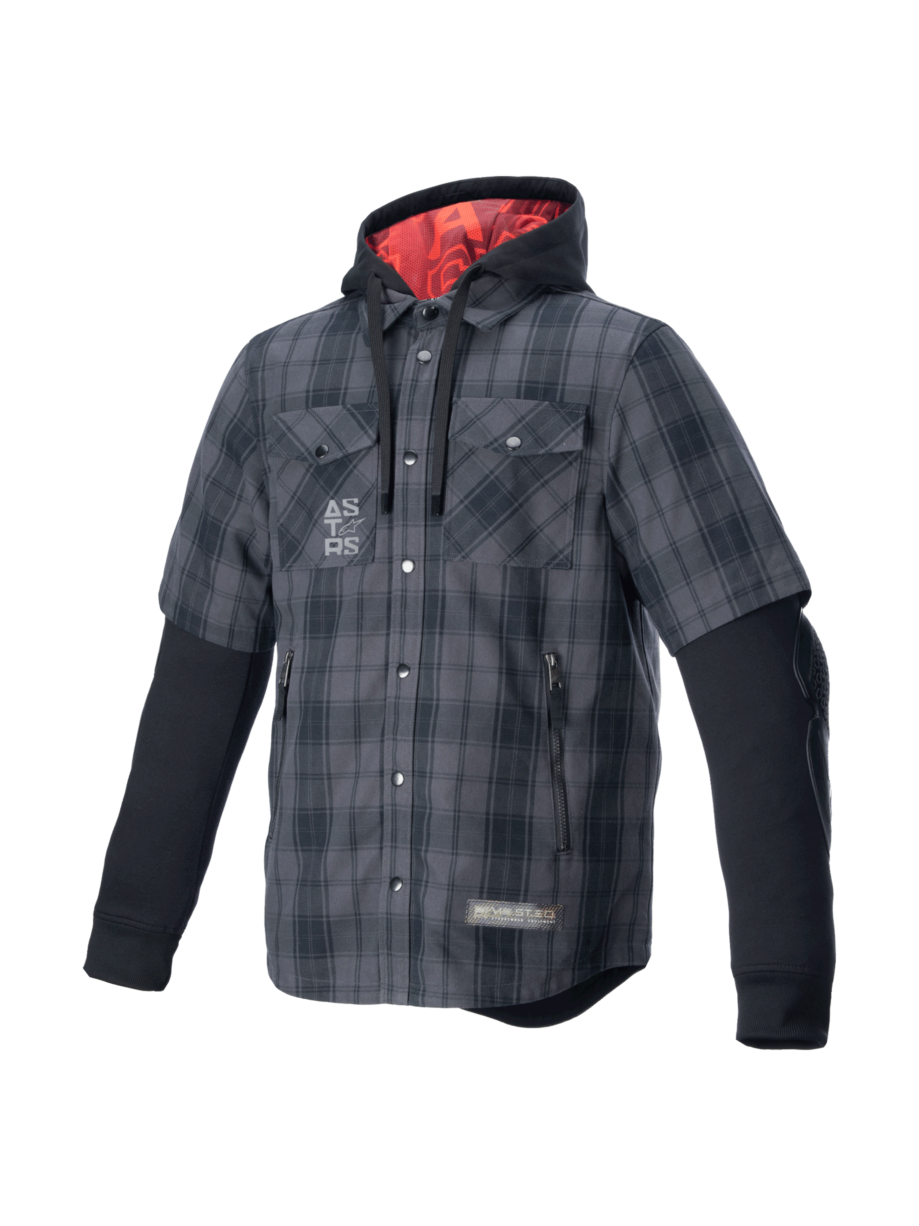 Alpinestars MO.ST.EQ Tartan Skjorte, grå og sort ternet motorcykeljakke med rød hætteforing, urban kørsel