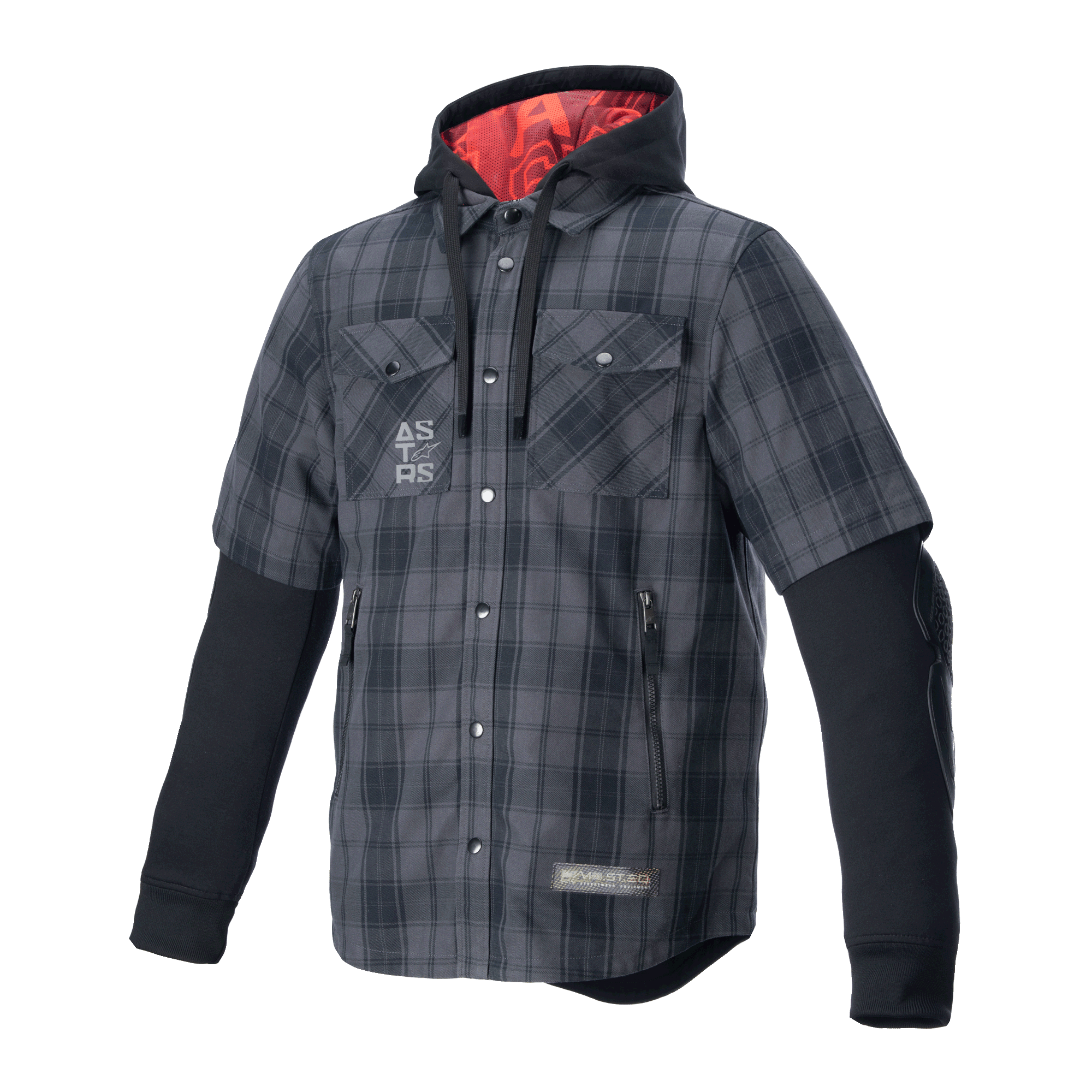 Alpinestars MO.ST.EQ Tartan Shirt, beskyttende motorcykel-skjortejakke, mørkegråt og sort ternet mønster, kortærmet ternet yderside med integreret sort langærmet hættetrøje, rødt hættefor, bryst- og håndlommer, afslappet køreudstyr til bybrug