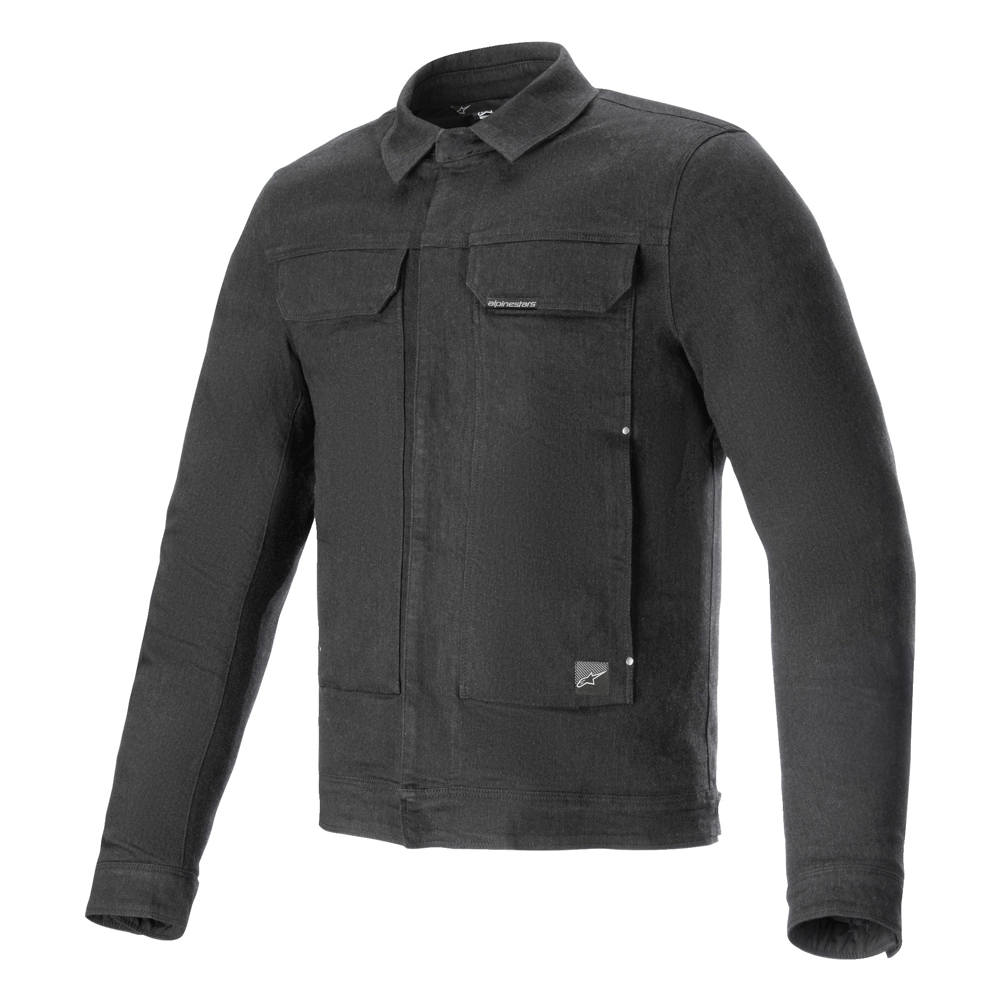 Alpinestars Garage Jacket, Motorcycle Jacket, Smoke Gray, long-sleeve stretch cotton denim with a workwear-inspired silhouette, featuring chest pockets and subtle logo patches, urban casual protective gear