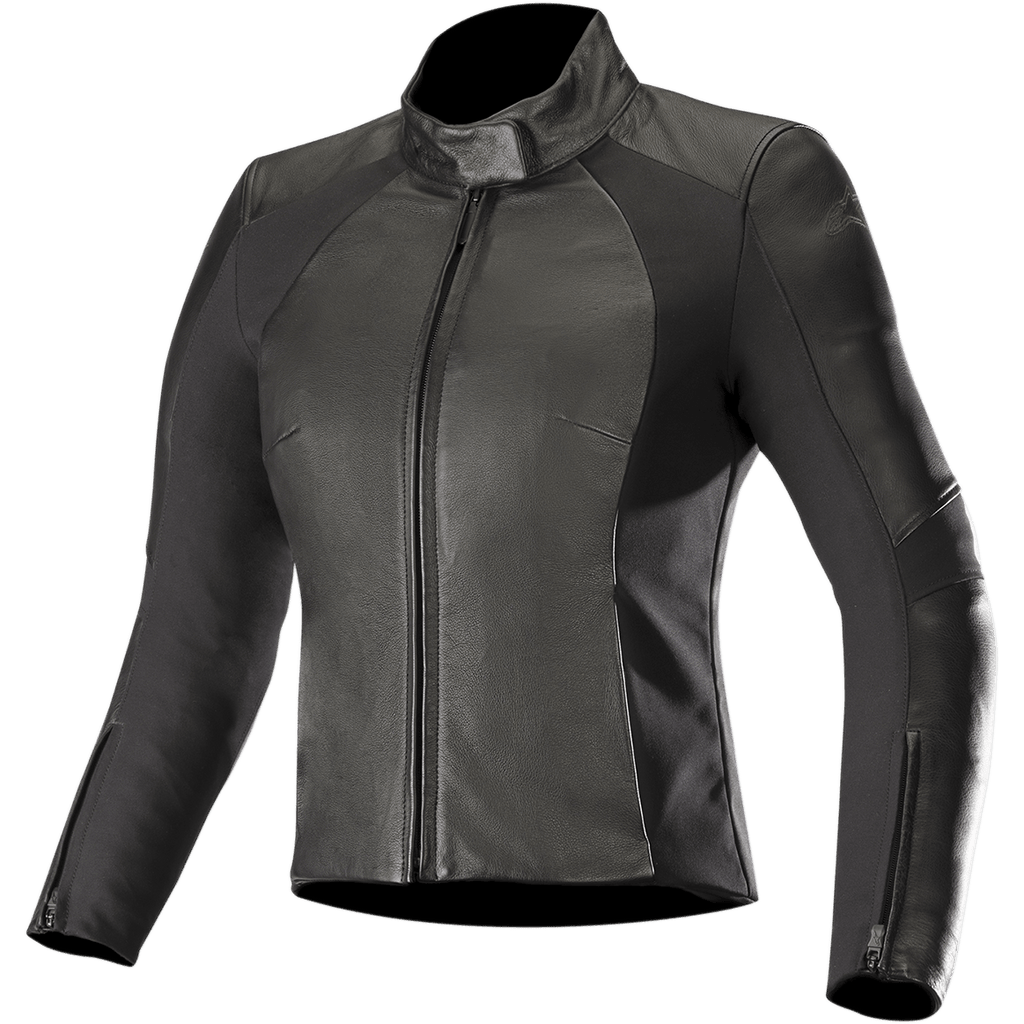 Alpinestars Stella Vika V2 læderjakke, motorcykeljakke til kvinder, sort, med en slank, kropsnær pasform, høj krave og lynlås foran, kombination af glat læder og matte aramid-strækpaneler i siderne, lynlåse ved manchetterne og minimalistisk design til landevejskørsel.