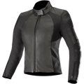 Alpinestars Stella Vika V2 læderjakke, motorcykeljakke til kvinder, sort, med en slank, kropsnær pasform, høj krave og lynlås foran, kombination af glat læder og matte aramid-strækpaneler i siderne, lynlåse ved manchetterne og minimalistisk design til landevejskørsel.