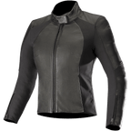 Alpinestars Stella Vika V2 læderjakke, motorcykeljakke til kvinder, sort, med en slank, kropsnær pasform, høj krave og lynlås foran, kombination af glat læder og matte aramid-strækpaneler i siderne, lynlåse ved manchetterne og minimalistisk design til landevejskørsel.