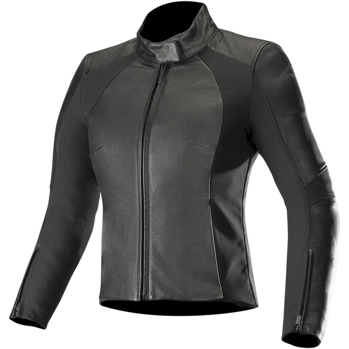 Alpinestars Stella Vika V2 læderjakke, motorcykeljakke til kvinder, sort, med en slank, kropsnær pasform, høj krave og lynlås foran, kombination af glat læder og matte aramid-strækpaneler i siderne, lynlåse ved manchetterne og minimalistisk design til landevejskørsel.
