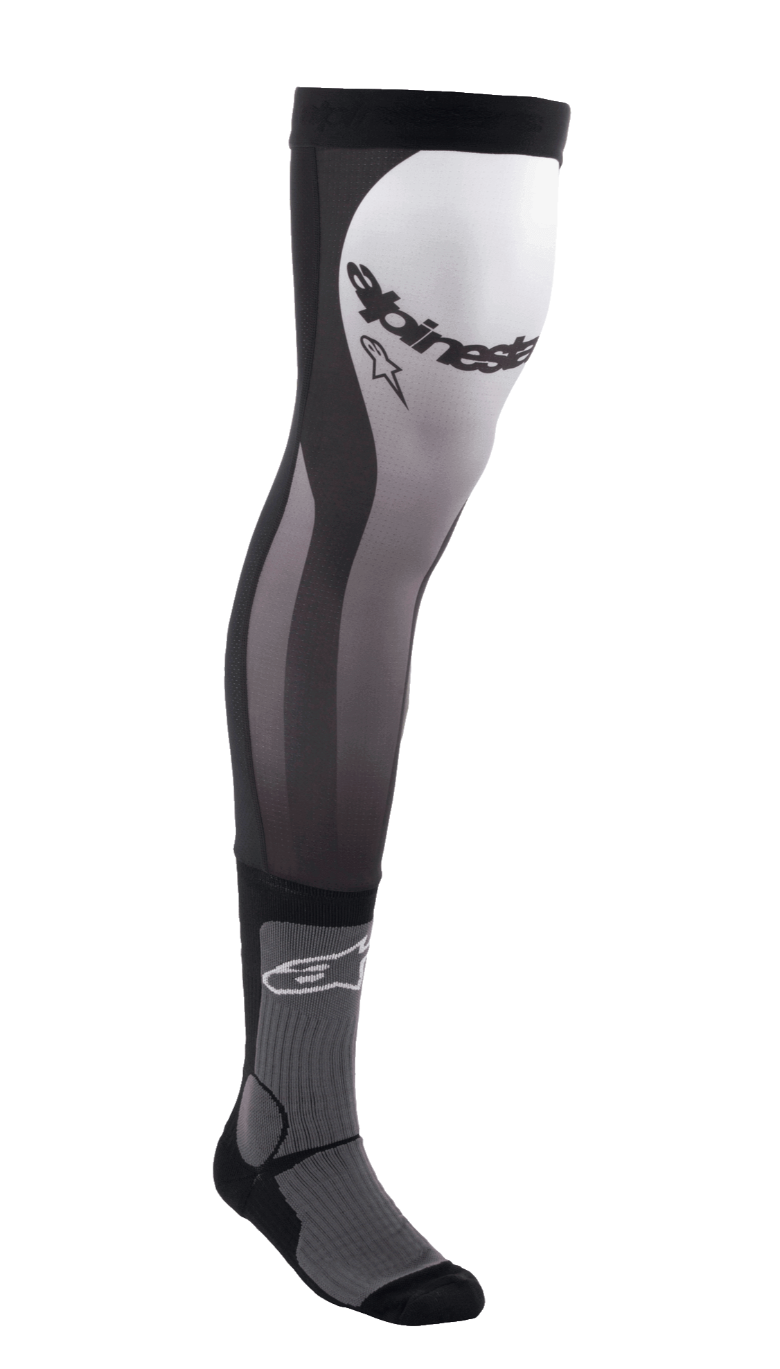 Alpinestars Knee Brace Socks, long motocross riding socks, Black White and Gray, over-the-knee design with stretch Lycra upper, mesh inserts, ribbed ankle padding, and Alpinestars branding on the thigh