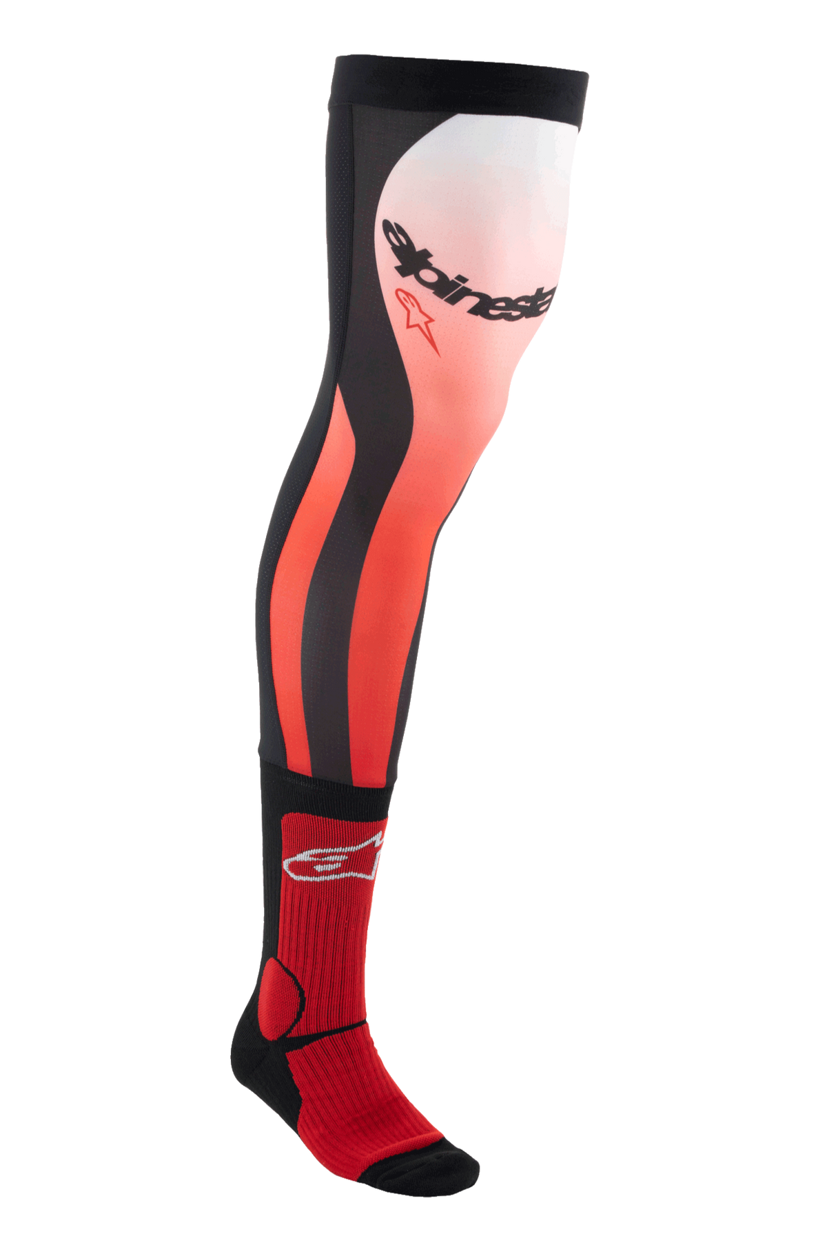 Alpinestars Knee Brace Socks, Long Motocross Riding Socks, Bright Red White and Black, knee-high technical design with gradient pattern and bold branding, ribbed texture for secure fit, specifically engineered for use with off-road boots and knee braces