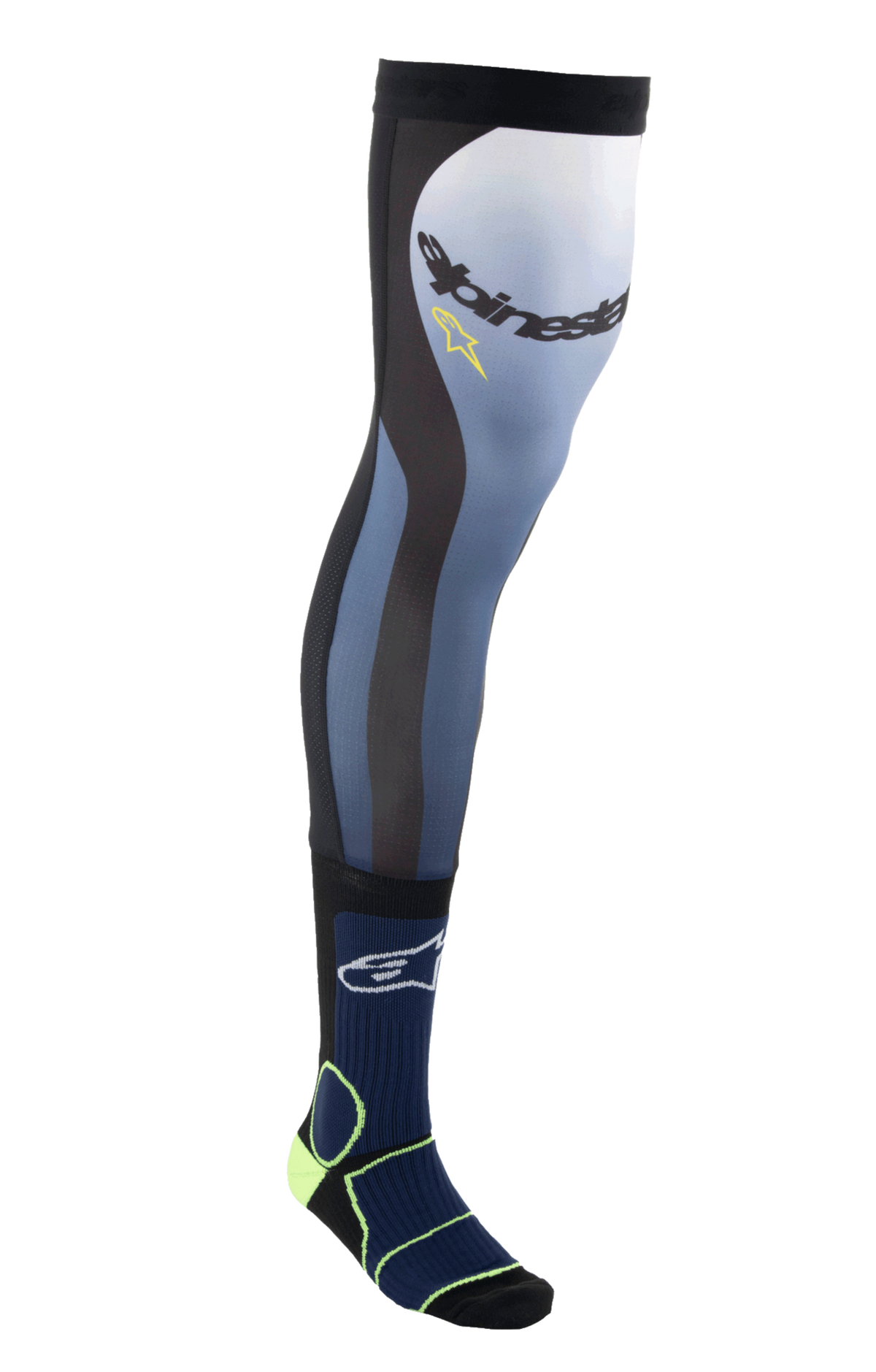 Alpinestars Knee Brace Socks, lange motocross-strømper, Night Navy og neongul, med overdel i strækbart Lycra med mesh-indsatser, kant med silikonegreb og polstret ankelstøtte til off-road beskyttelse