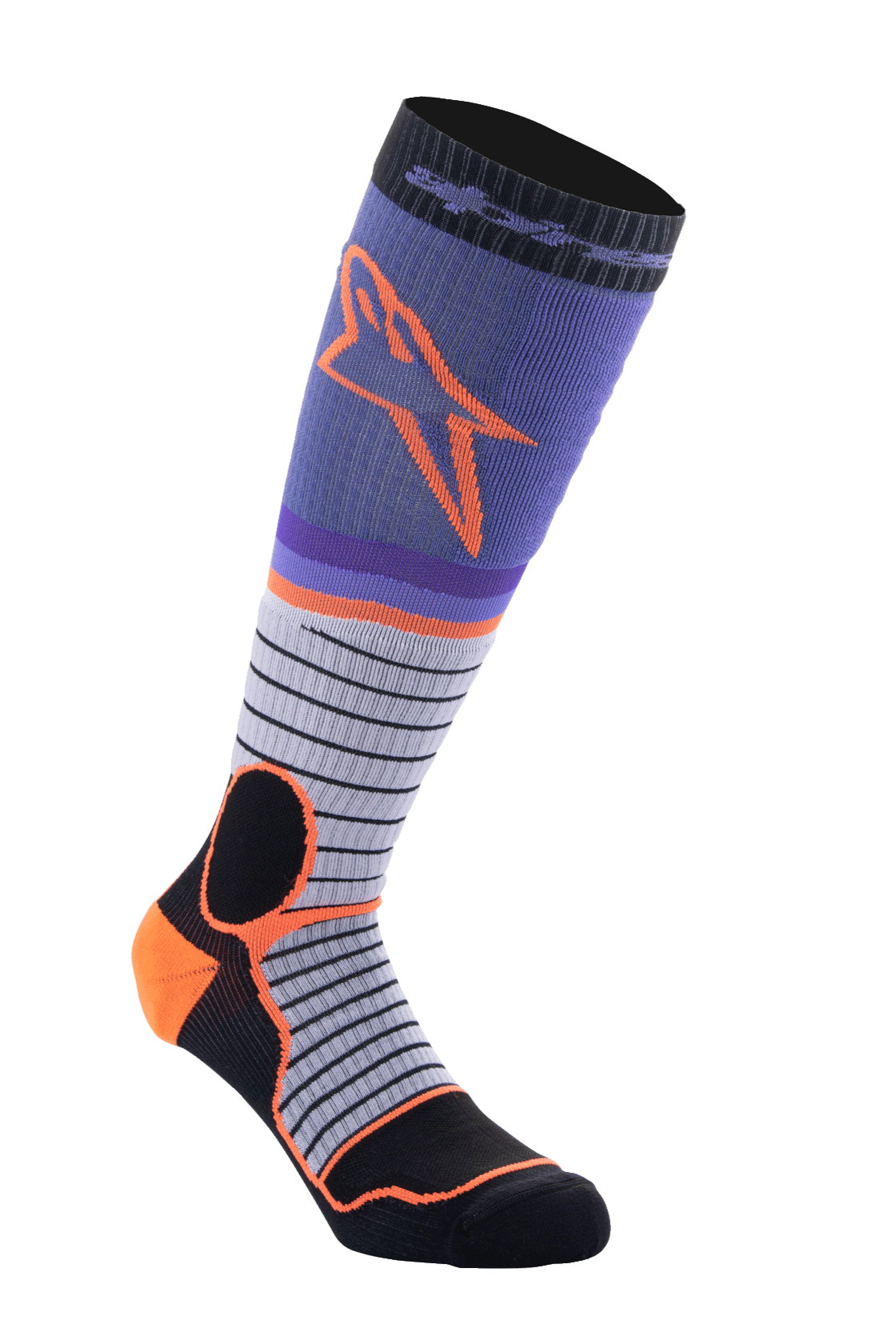 Alpinestars MX Pro Strømper V2, knæhøje motocross-strømper, sort, grå, lilla og orange, ribkonstruktion, horisontalt stribet design, højpræstations køreudstyr