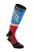 Alpinestars MX Pro Socks V2, motocross knæstrømper, sort, rød og lyseblå, ribbet atletisk design med gult stjernelogo, fugttransporterende præstationsmateriale til off-road kørsel