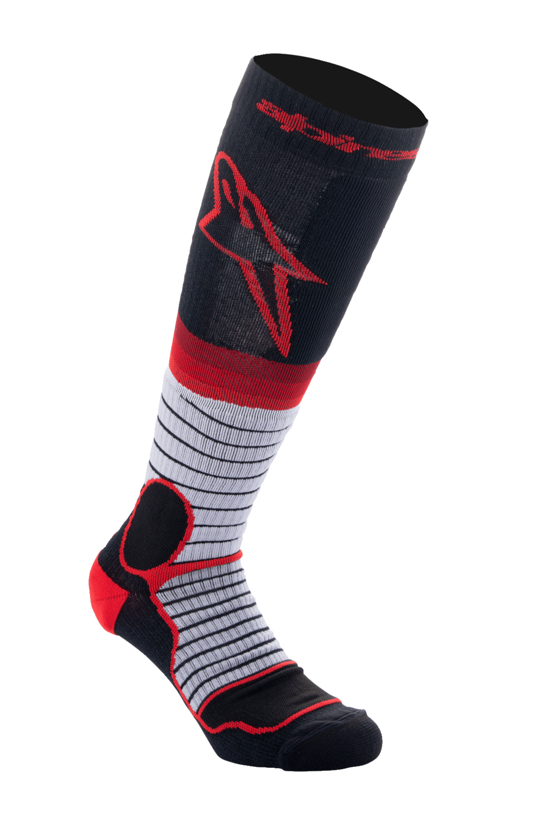 Alpinestars MX Pro Socks V2, knæhøje motocross-sokker, sort, grå og rød, med rødt Astar-logo på den øverste del af læggen, gråt midterstykke med tynde vandrette sorte striber, forstærket rød polstring på hæl og ankel, fugttransporterende performance-sokker til off-road kørsel