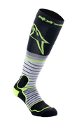 Alpinestars MX Pro Socks V2, motocross-sokker, sort, grå og neongul, knæhøje med vandret stribet design og stort gult logo, med forstærket polstring til off-road motorcykelstøvler