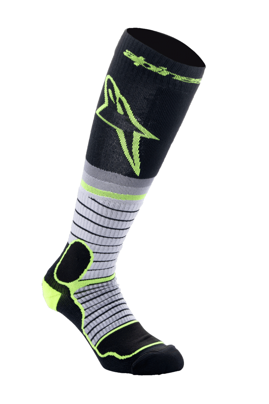 Alpinestars MX Pro Socks V2, motocross-sokker, sort, grå og neongul, knæhøje med vandret stribet design og stort gult logo, med forstærket polstring til off-road motorcykelstøvler